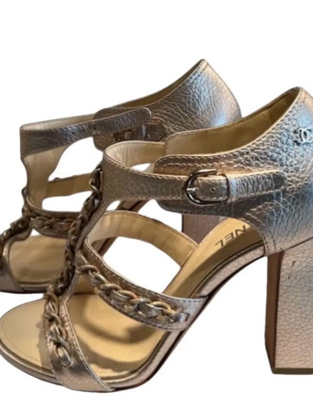 CHANEL Metallic Gold Chain-Strap Block Heel Sandals